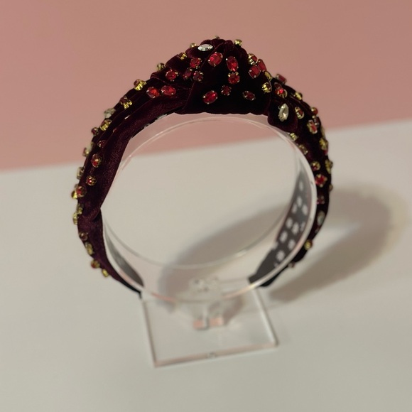 Red Rhinestone Burgundy Velvet Knot Headband - Picture 4 of 10